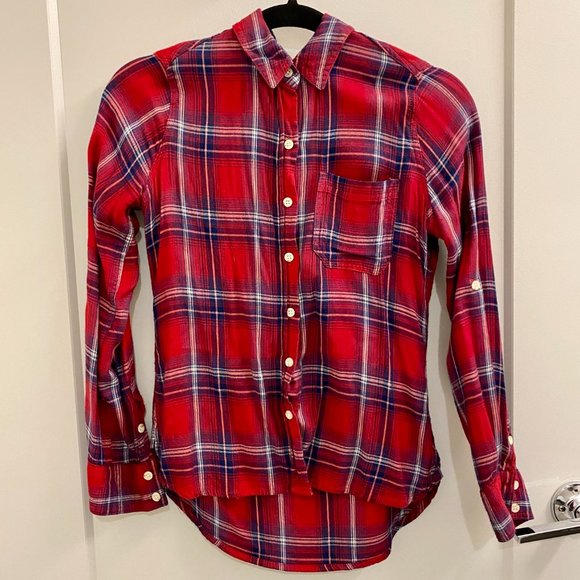 Mossimo Supply Co. Women's Size XS Red Striped Long Sleeve Button Flannel Shirt - Picture 2 of 3